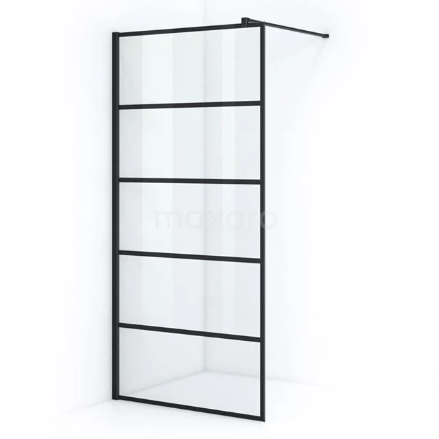 Black industrial shower screen made of glass with frosted glass profiles, ideal for a modern bathroom.
