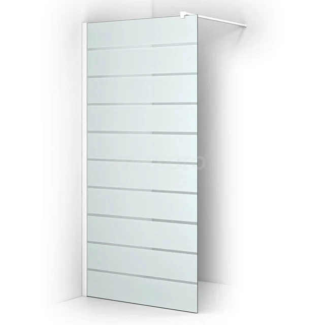 Glass shower screen with horizontal frosted stripes, modern design, suitable for any bathroom.