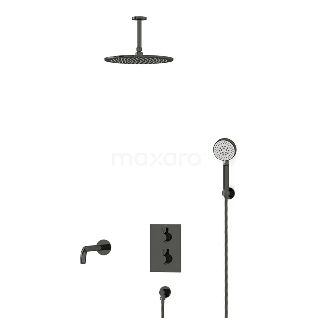 Radius Einbau Badewannenarmatur mit Regendusche | Schwarzchrom Thermostatisch DIB55-00119