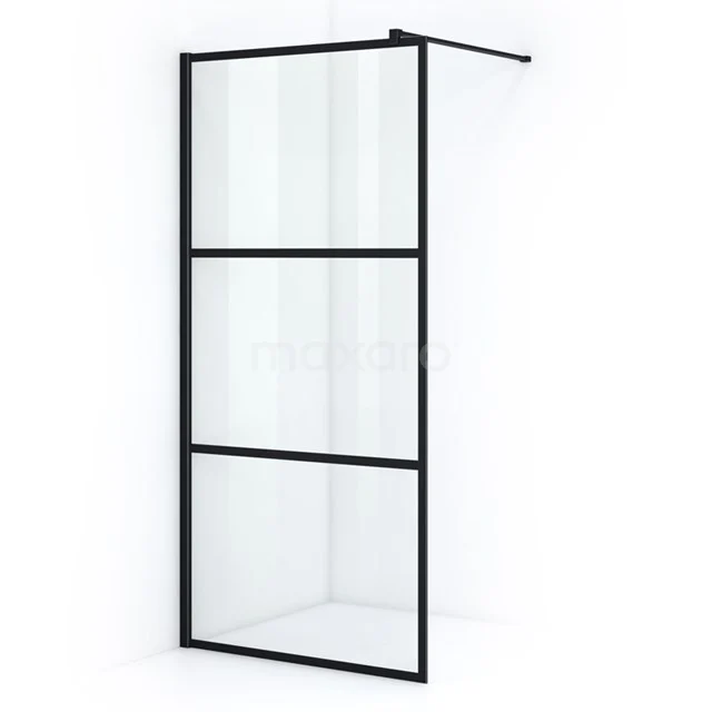 Black steel shower screen with three glass sections, industrial style, ideal for a modern bathroom.