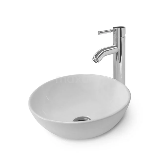 Runde weiße Aufsatzwaschbecken aus Keramik mit chromfarbener Armatur, ideal für moderne Badezimmergestaltung.