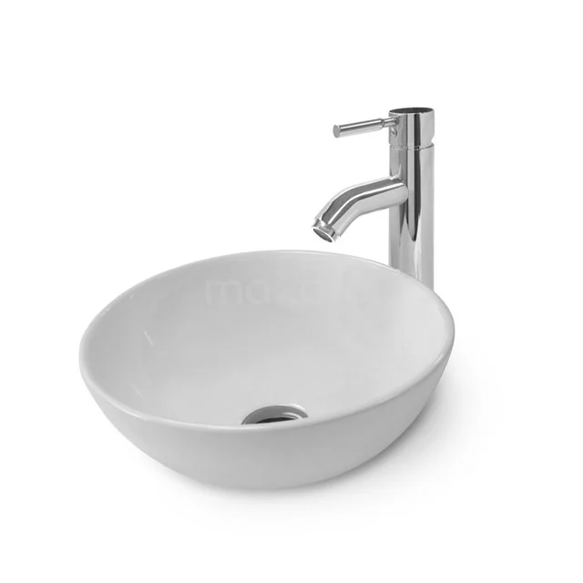 Weiße, runde Waschbecken aus Keramik mit passendem chromfarbenen Wasserhahn, perfekt für einen modernen Badezimmerstil.