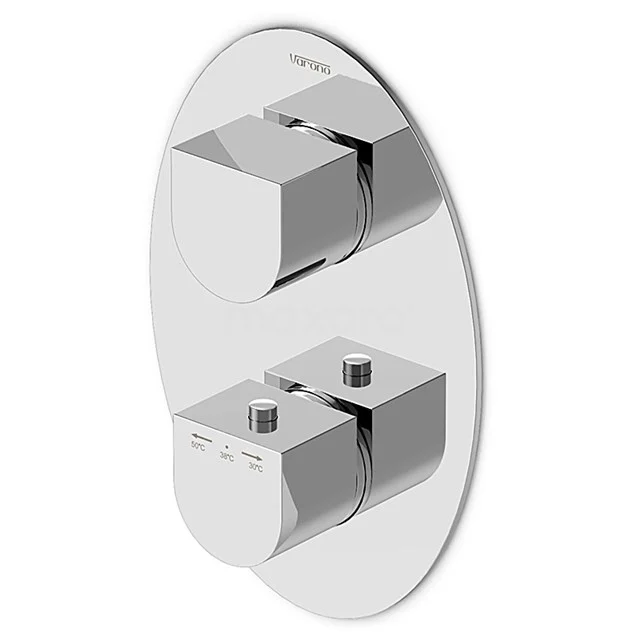 Einbau-Duschthermostat oval Chrom, minimalistisches Design, zwei Knöpfe zur Temperatur- und Wassermengenregelung.