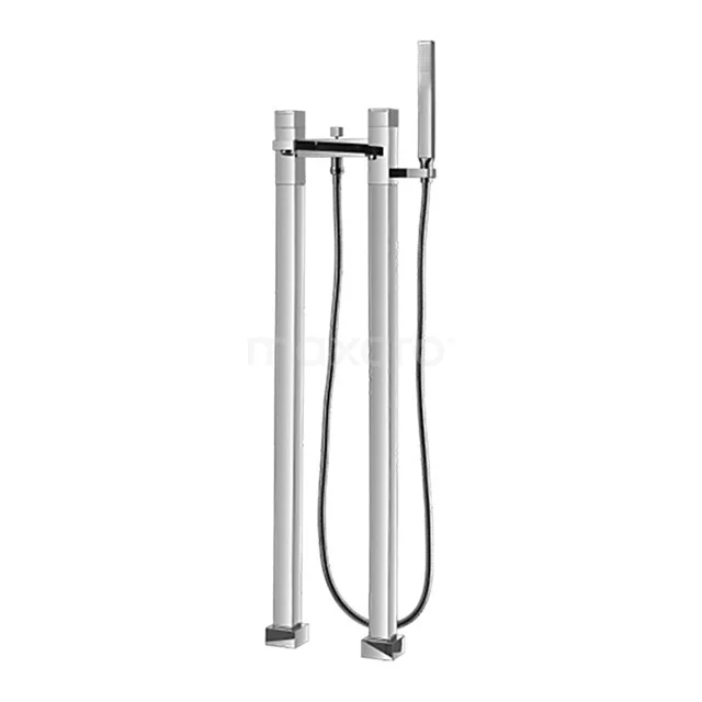 Freestanding chrome bath tap with handheld shower, modern design, ideal as a stylish addition to a luxurious bathroom.