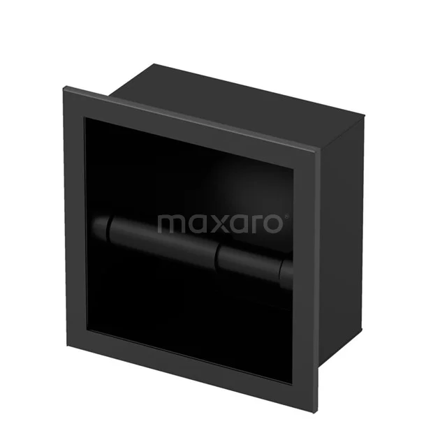 Matte schwarze eingebaute Toilettenpapierhalter, quadratisches Design, ideal für ein modernes Badezimmer.