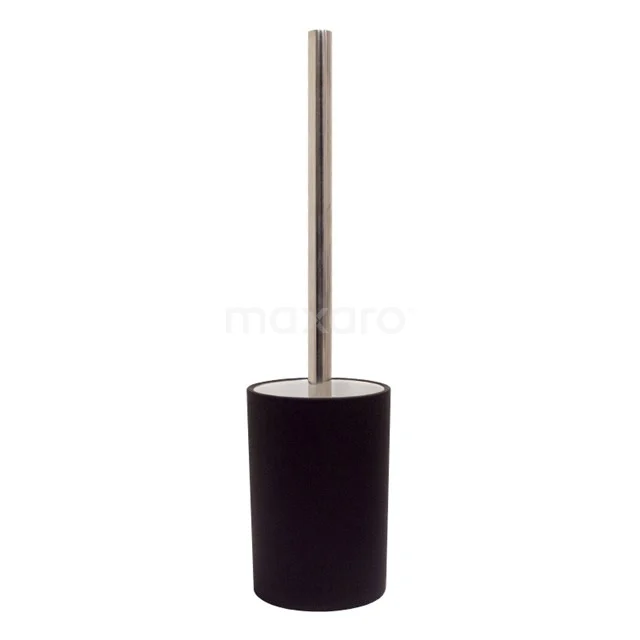 Schwarze WC-Bürste mit Halter, matt Kunststoff und rostfreier Stahl, ideal für ein modernes Badezimmer.