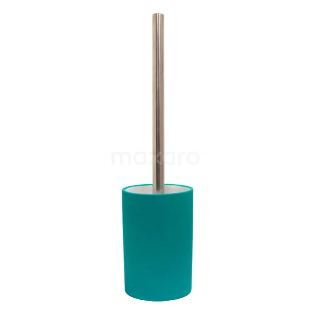 Turquoise toiletborstelhouder met roestvrijstalen handvat, modern design voor een stijlvolle badkamer.