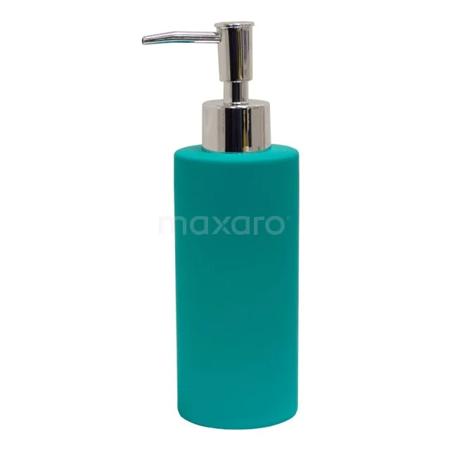Turquoise zeepdispenser van mat kunststof met zilverkleurige pomp, ideaal als stijlvolle toevoeging aan de badkamer.