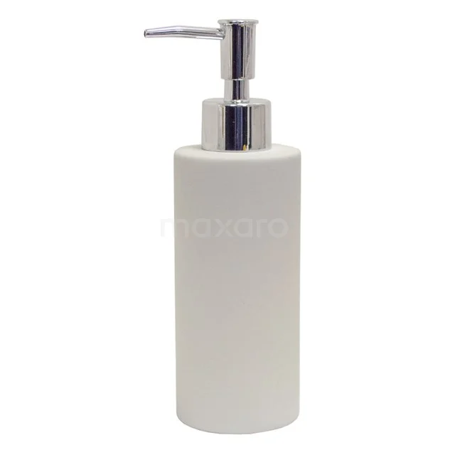 Witte keramische zeepdispenser met zilveren pomp, ideaal voor een stijlvolle en praktische toevoeging aan de badkamer.