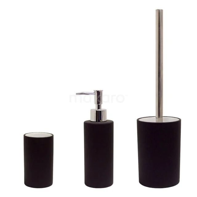 Schwarze Badezimmer Zubehör Set mit Seifenspender, Zahnbürstenbecher und WC-Bürstenhalter, gefertigt in Matt Schwarz.