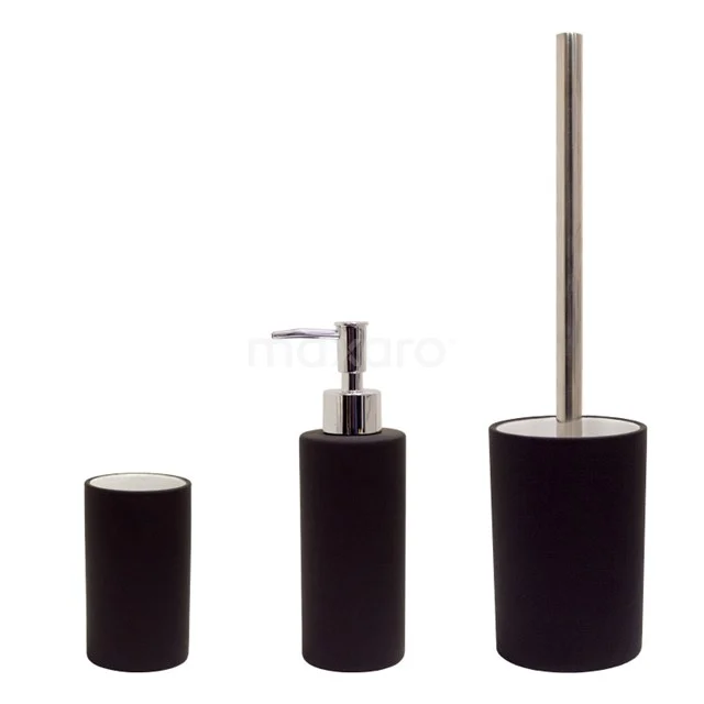 Zwarte badkameraccessoires set met zeepdispenser, tandenborstelbeker en toiletborstelhouder, afgewerkt in mat zwart.