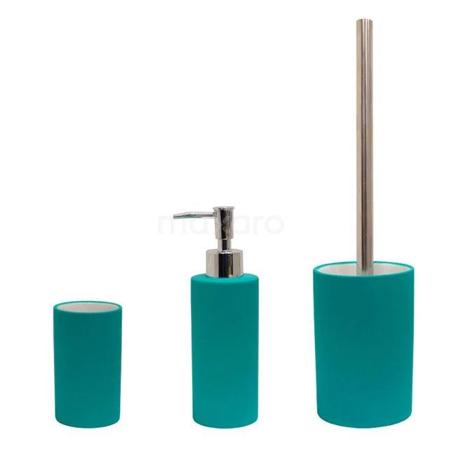 Turquoise badkameraccessoireset van keramiek, inclusief zeepdispenser, tandenborstelhouder en toiletborstelhouder.