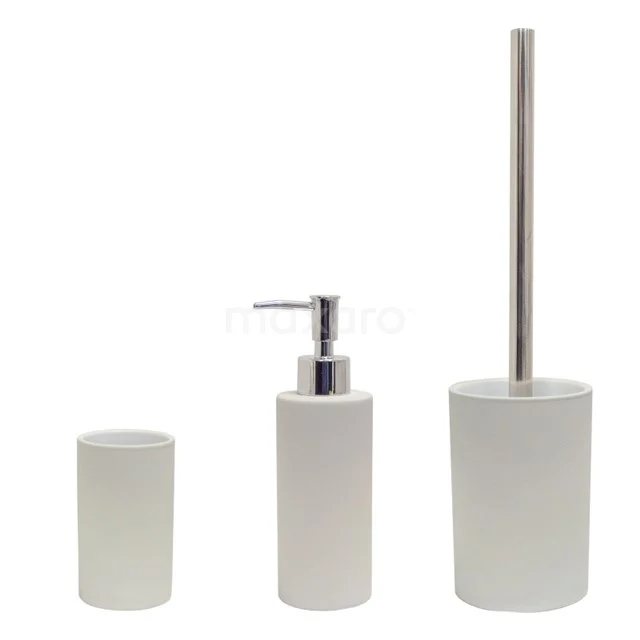 Wit badkameraccessoireset van mat keramiek met een tandenborstelbeker, zeepdispenser en toiletborstelhouder.
