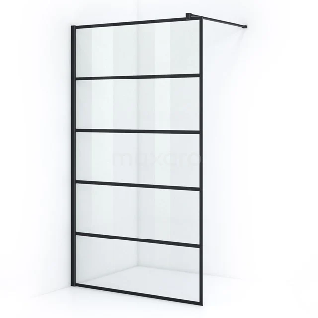 Pearl Walk-in shower | 120 cm Matte black Clear with 6 black stripes Fixed wall IPA12305M Black industrial shower screen with glass and steel frame, suitable for modern bathrooms, minimalist design.