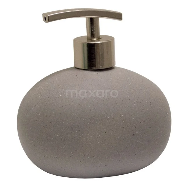 Ronde grijze zeeppomp van keramiek met metalen dispenser, ideaal voor stijlvolle badkameraccessoires.