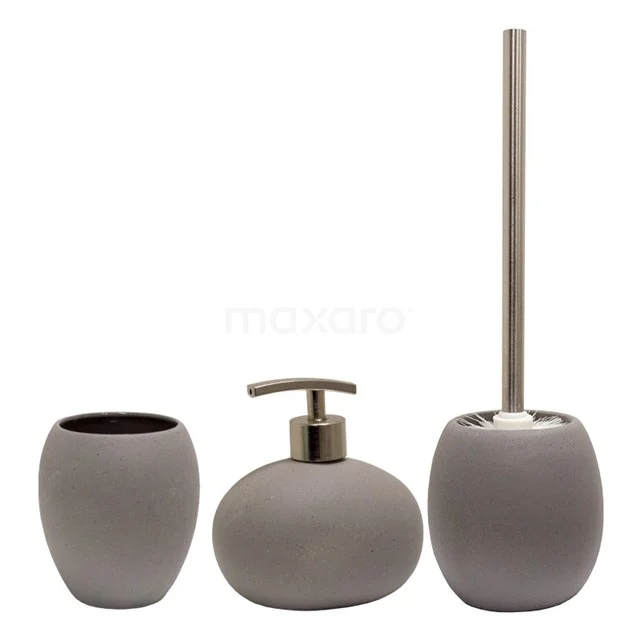 Grijze keramische badkameraccessoireset met zeepdispenser, tandenborstelhouder en toiletborstel in elegant mat design.