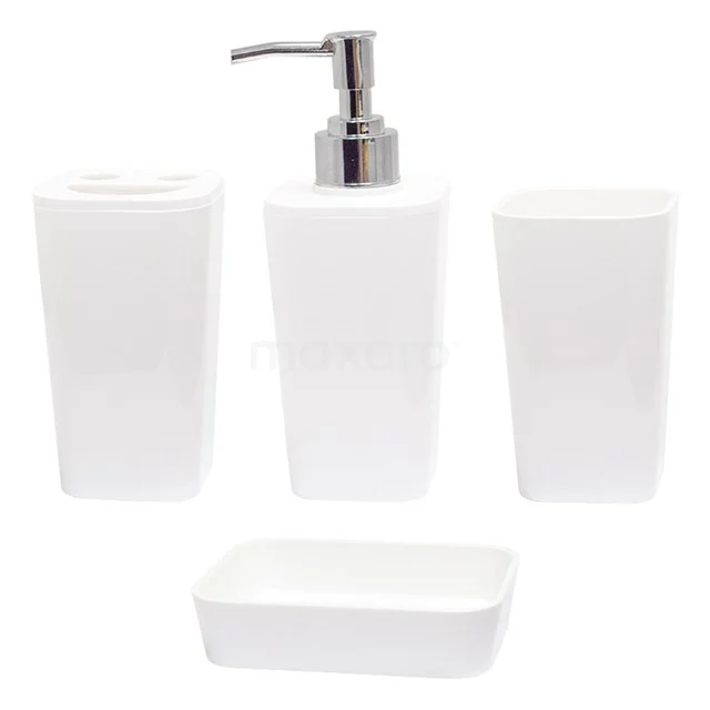 Wit keramisch badkamer accessoireset met zeephouder, tandenborstelhouder en zeepdispenser, modern en strak design.