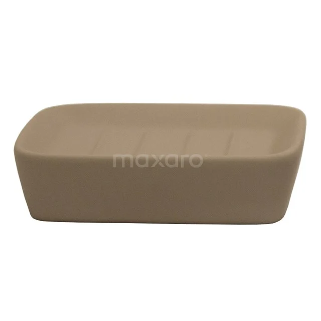 Beige keramische Seifenschale mit rechteckiger Form, ideal für eine stilvolle und funktionale Badezimmergestaltung.
