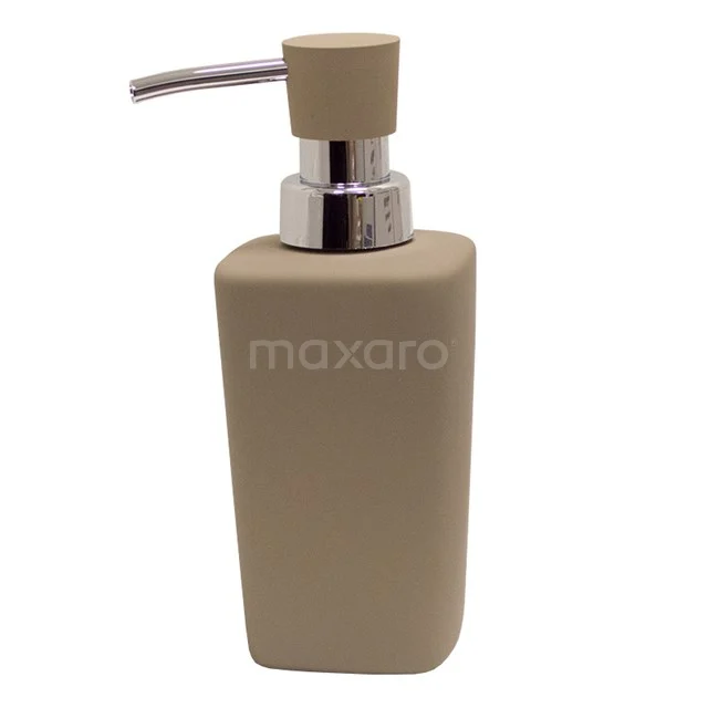 Beige Seifenspender mit metallischer Pumpe, quadratische Form, ideal als stilvolles Badezimmeraccessoire.