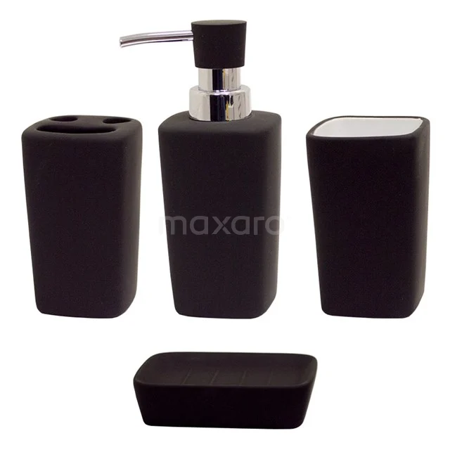 Black bathroom accessory set, consisting of soap dispenser, toothbrush holder, tray and mug, ceramic with matte finish.