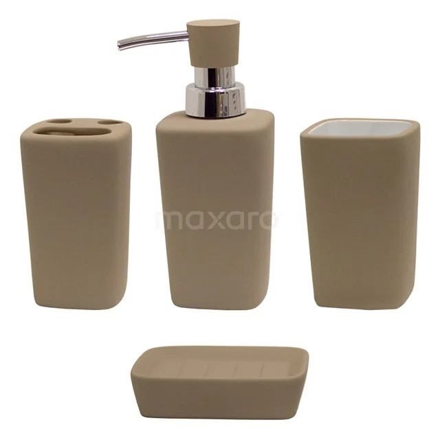 Beige badkameraccessoires-set van keramiek, inclusief zeeppomp, tandenborstelhouder, zeepbakje en opbergcontainer.