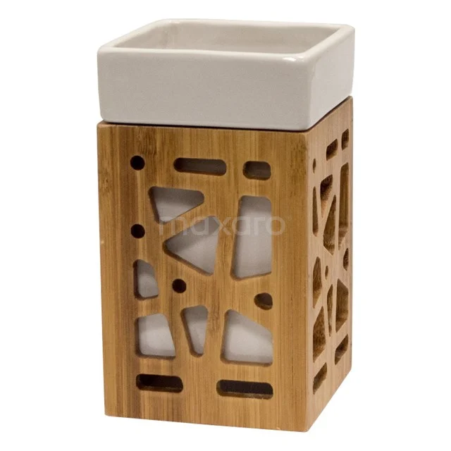 Frame Tandenborstelhouder | Wit en Hout 360-4301 Bamboe tandenborstelhouder met wit keramiek inzetstuk, modern uitgesneden patroon, perfecte aanvulling voor een stijlvolle badkamer.