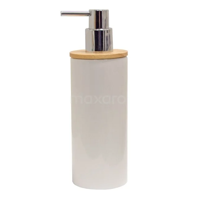 Column Zeepdispenser | Hout en Wit 370-4101 Witte keramische zeepdispenser met bamboe accent en metalen pomp, perfect voor een stijlvolle en functionele badkamerinrichting.