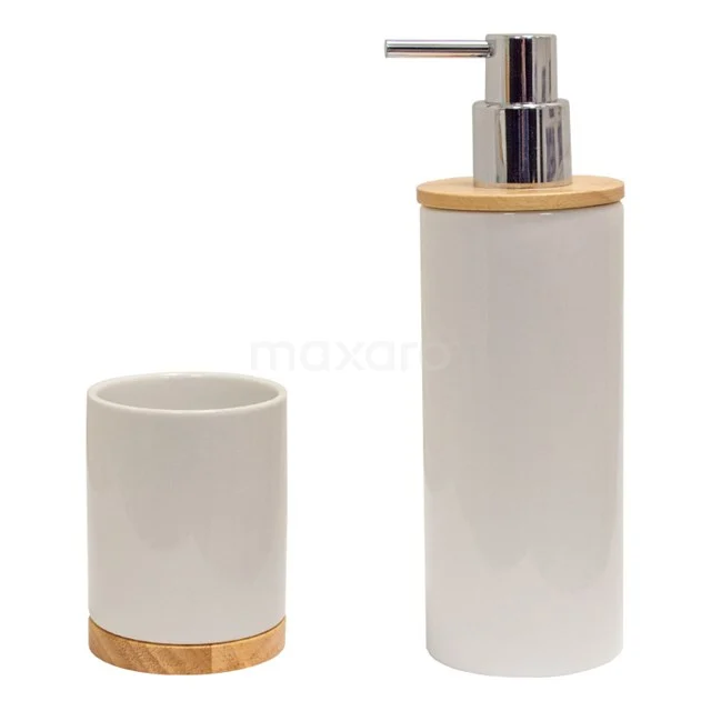 Witte keramische zeepdispenser en tandenborstelhouder met bamboe accent, perfecte badkameraccessoires voor een moderne uitstraling.