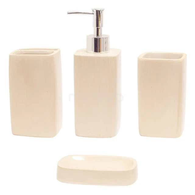 Crème keramische badkamer set met zeepdispenser, tandenborstelhouder, bekertje en zeepbakje in een strak, modern design.