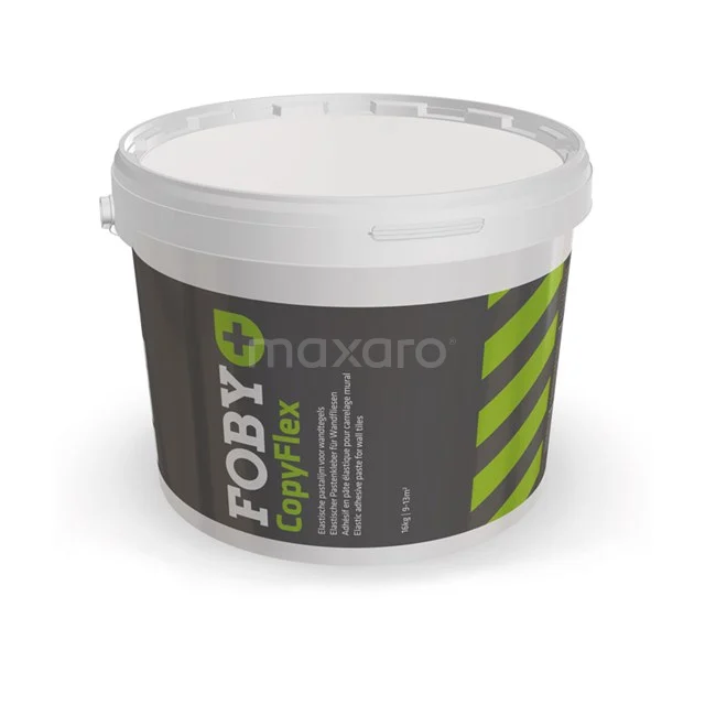 Fliesenkleber Wandfliesen Foby 16 kg 400-010401 Weiße Kunststoffwanne Foby Epoflex-Fuge, ideal für langlebige Badezimmerfliesen, mit grauen und grünen Akzenten auf dem Etikett.