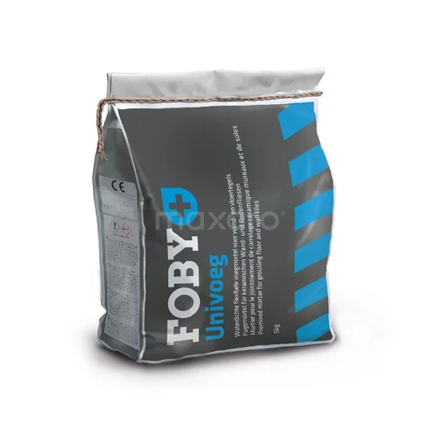 Fugenmasse Grau Pulver Foby 5 kg 400-020303 Graue Foby Fugenmörtel für Badezimmer, verpackt in einem stabilen Sack mit blauen und schwarzen Akzenten, ideal für Fliesenfugen.