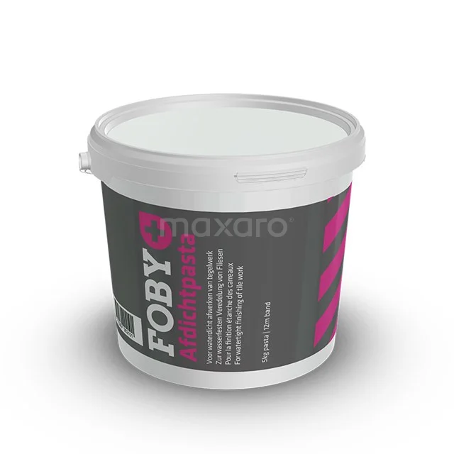 Dichtungsset Fliesenlegerpaste 12m Kimband Foby 5 kg 400-050301 Weiße Kunststoffschüssel Foby Fugenmasse, ideal für nahtlose Badezimmerverarbeitung, mit klarer Markenkennzeichnung und stabilem Deckel.