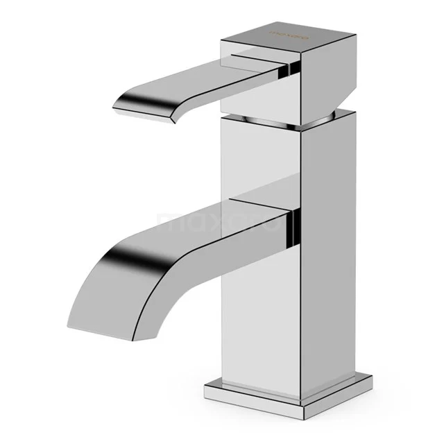 Viereckige chromatische Waschbeckenarmatur, modernes Design mit breitem Auslauf, ideal für stilvolle Bäder.