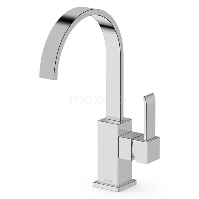 Küchenarmatur Blend Chrom, Einhebelmischer, Chrom 44.005.001N Moderne chromatische Waschbeckenarmatur mit gebogener Auslauf, rechteckigem Fuß und Griff, ideal für einen zeitgenössischen Badezimmerstil.