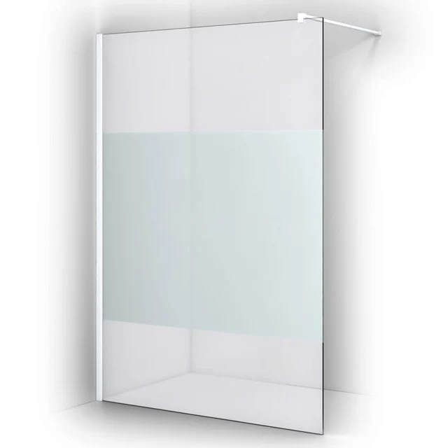 Shower screen glass with frosted white band, modern design, ideal for any bathroom, includes wall bracket and anti-limescale coating.