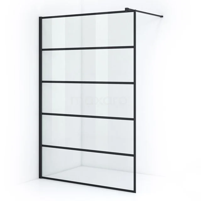 Pearl Walk-in shower | 140 cm Matte black Clear with 6 black stripes Fixed wall IPA14305M Matte black walk-in shower enclosure with clear glass and horizontal bars; industrial design, ideal for modern bathrooms.