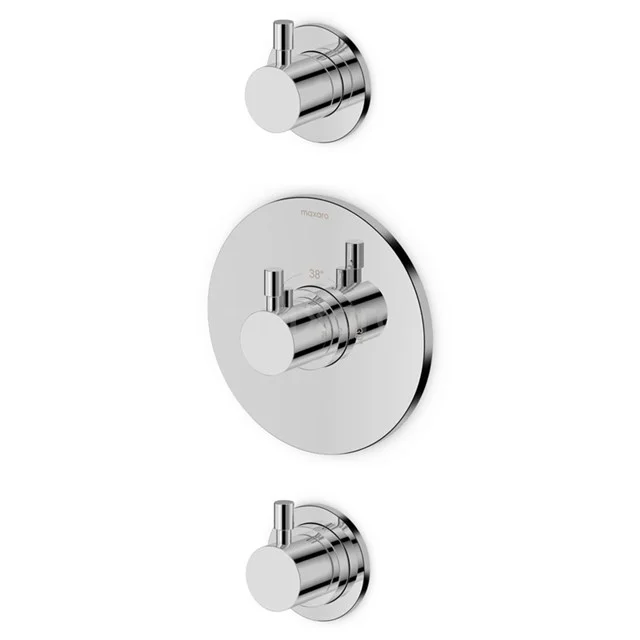 Chrome shiny concealed shower thermostat set with round knobs, modern design, perfect for a sleek bathroom style.