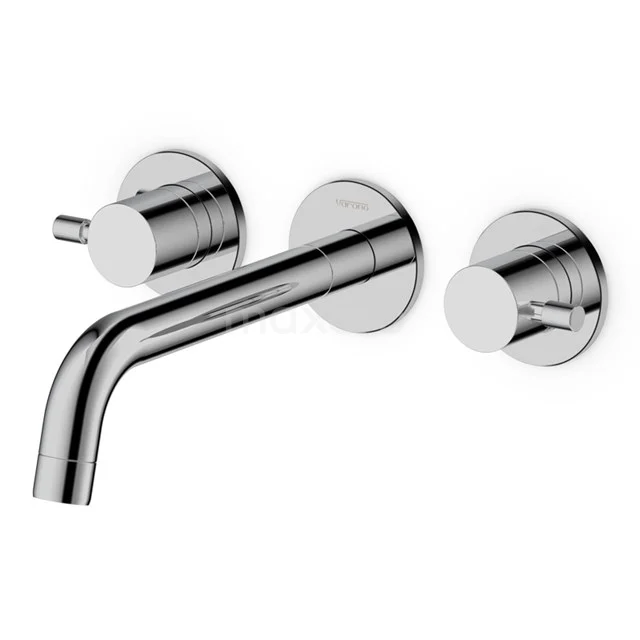 Radius Waschbeckenarmatur Eingebaut | Chrom | Mischbatterie mit zwei Griffen 55.153.744 Minimalistische chromatische Unterputz-Armatur Set für das Badezimmer mit runden Knöpfen und gebogenem Auslauf, ideal für moderne Waschbeckenstile.