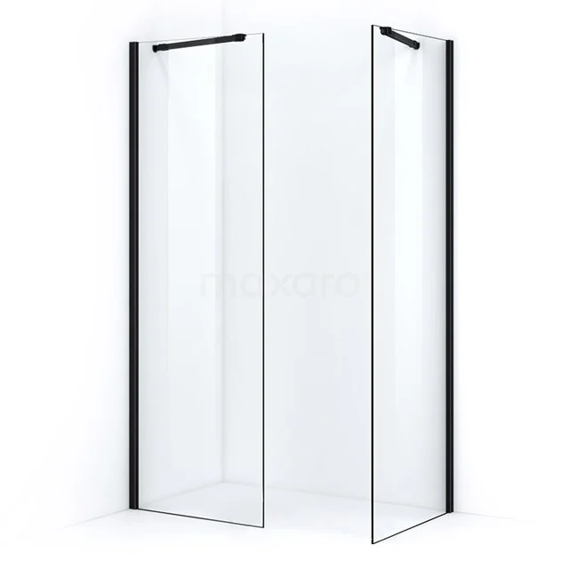 Eck-Duschwand mit schwarzen Aluminium-Profilen, Klarglas, modernem Design, ideal für eine stilvolle Badezimmergestaltung.