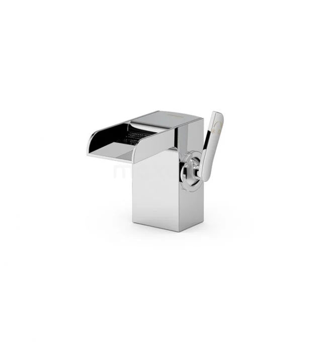 Chrome square basin tap with single lever, modern design ideal for a stylish bathroom.