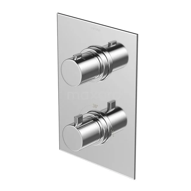 Unterputz-Duscharmatur Balance Chrom, Thermostatisch, Chrom 77.152.502NS Verchromte Thermostatarmatur mit zwei Knöpfen, elegantes Design und rechteckiger Platte, ideal für moderne Badezimmergestaltung.