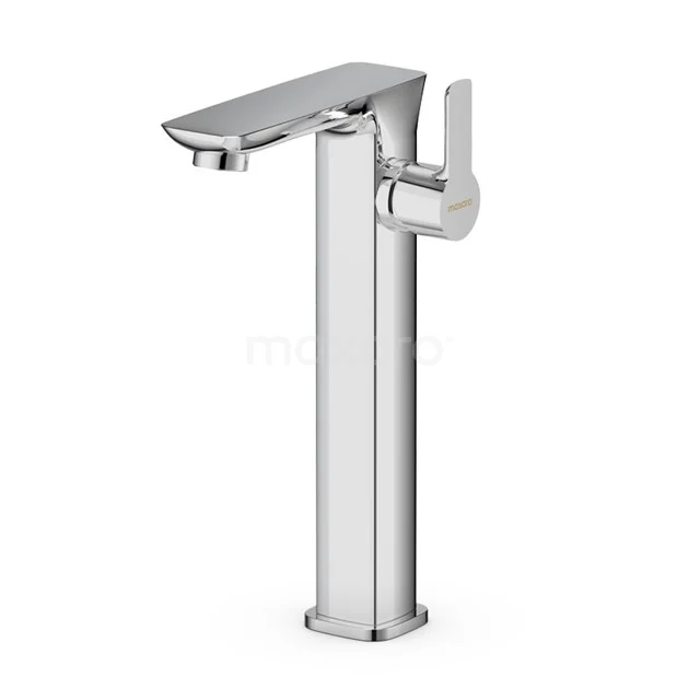 Hohe chromatische Waschbeckenarmatur mit Hebel, modernes Design, geeignet für luxuriöse Badezimmerinterieurs.