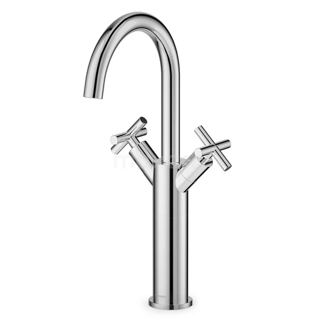 Chromen wastafelkraan met dubbele kruisgrepen en gebogen uitloop, ideaal voor een moderne badkamer.