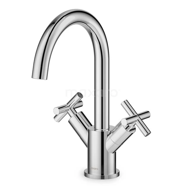 Chrome basin tap with double cross handles, curved spout and modern design, perfect for stylish bathrooms.