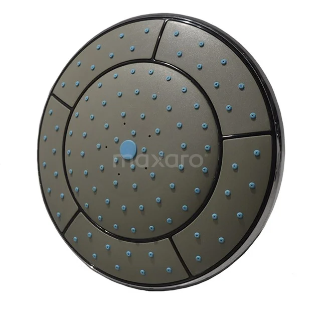Round rain shower head, black with blue accents, modern design, ideal as a luxurious addition to your bathroom.