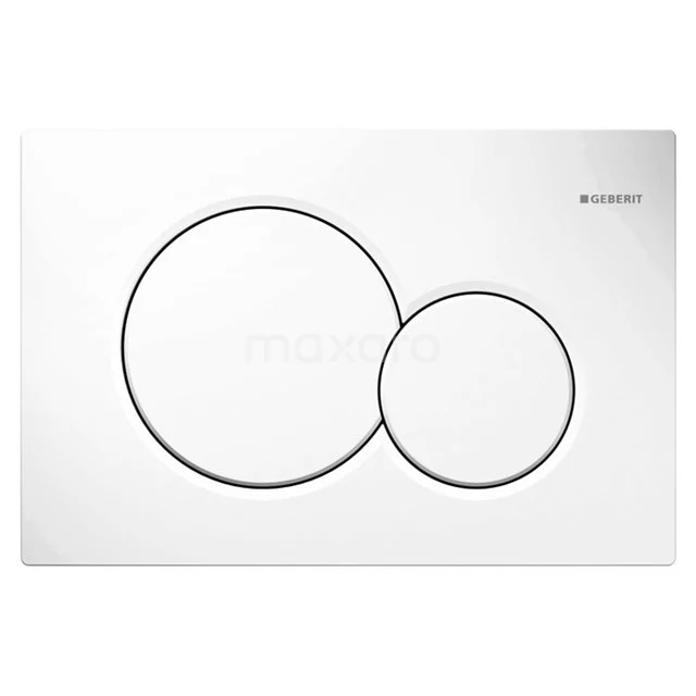 Weißes Geberit WC-Bedienfeld Sigma01 mit runden Knöpfen, modernes Design für ein stilvolles Badezimmer.