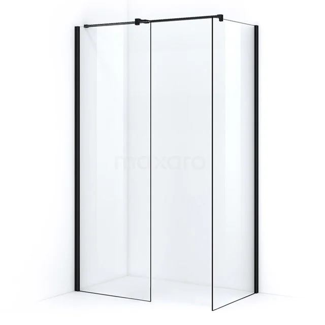 Duschwand mit Schwarz Profilsystem, Klarglas und Eckdesign, ideal als stilvolle Trennwand in modernen Bädern.