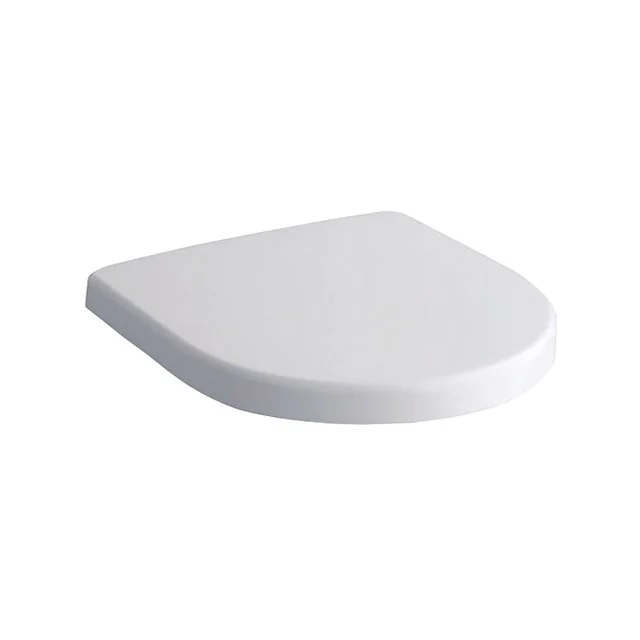 White toilet lid with rounded corners, made of durable plastic, ideal for a modern bathroom style.