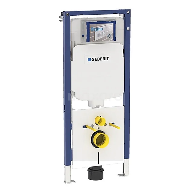 Unterputzspülkasten Geberit Duofix, blaues Metallgestell mit weißem Kunststoffreservoir, geeignet für ein modernes Badezimmer.