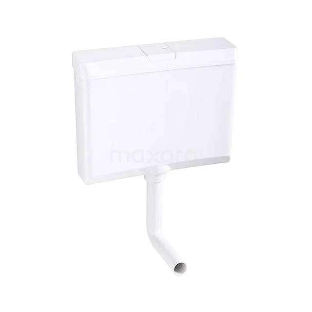 Witte kunststof stortbak met enkele spoelknop, compact ontwerp, ideaal voor een moderne badkamer of toilet.